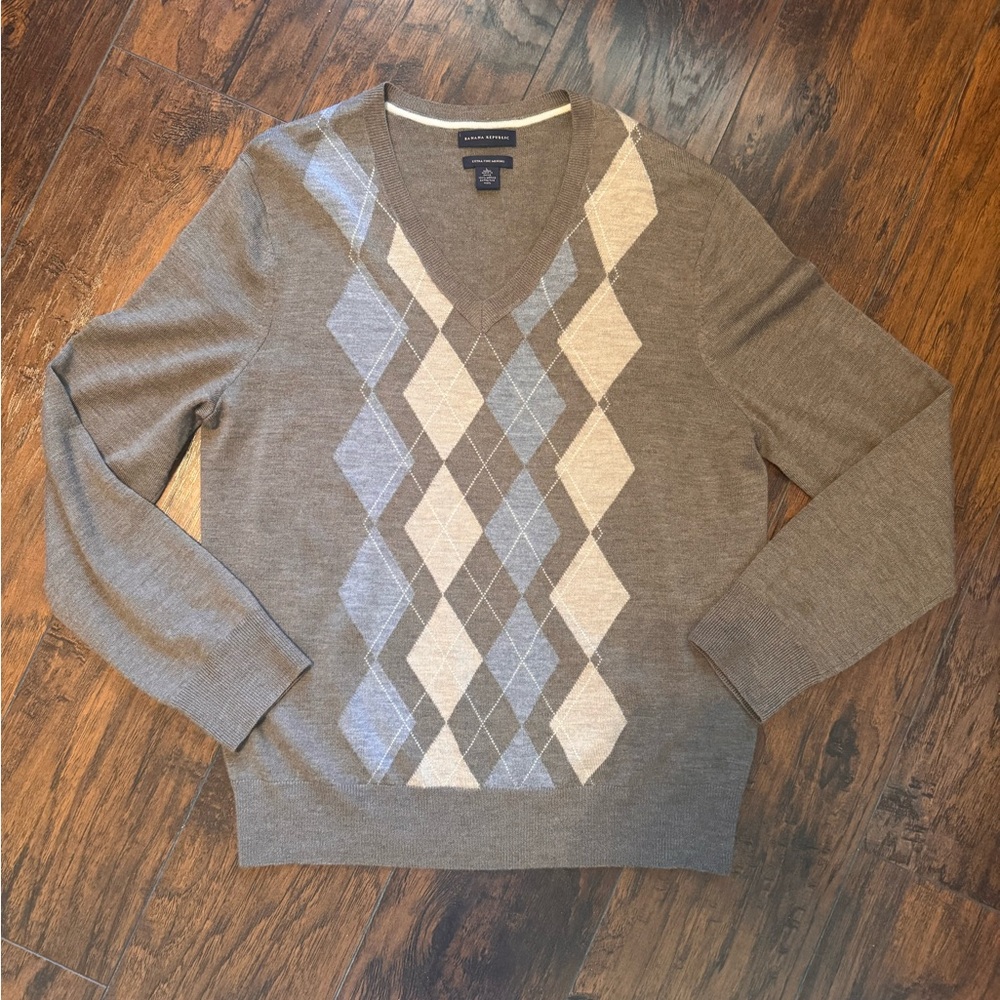 Banana Republic Mens V-Neck Argyle‎ Sweater Extra Fine Merino Wool Size Large